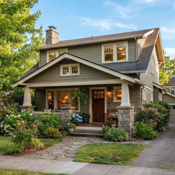 Craftsman-style home with a stone porch and a front garden