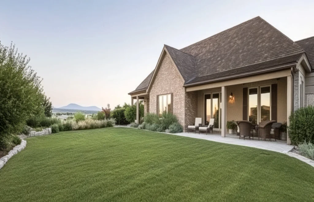 A brick home with a wide lawn and open country behind it